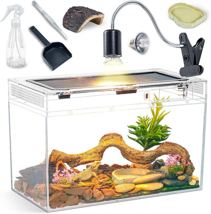 16×10×8'' Reptile Tank Kit with Heat Lamp, Spray Bottle, Shovel, Tweezers, Food Bowl, Hideout