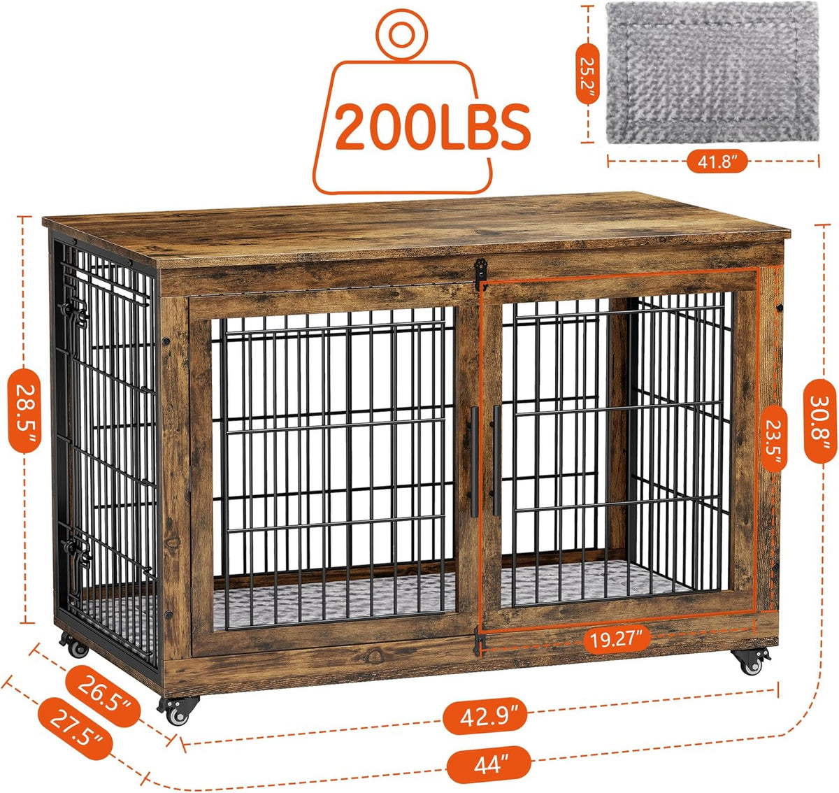 Lulive Dog Crate Furniture, XL Wooden Dog Kennel Indoor Double Doors Dog Cage, 44'' Heavy Duty Dog