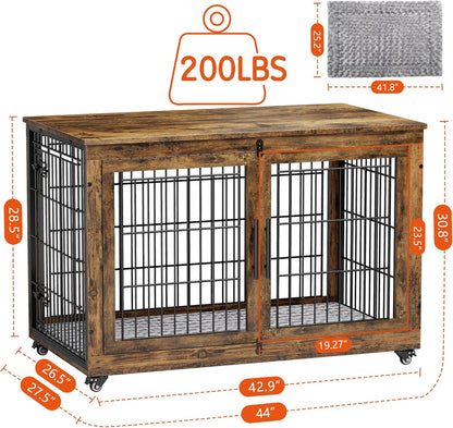 Lulive Dog Crate Furniture, XL Wooden Dog Kennel Indoor Double Doors Dog Cage, 44'' Heavy Duty Dog