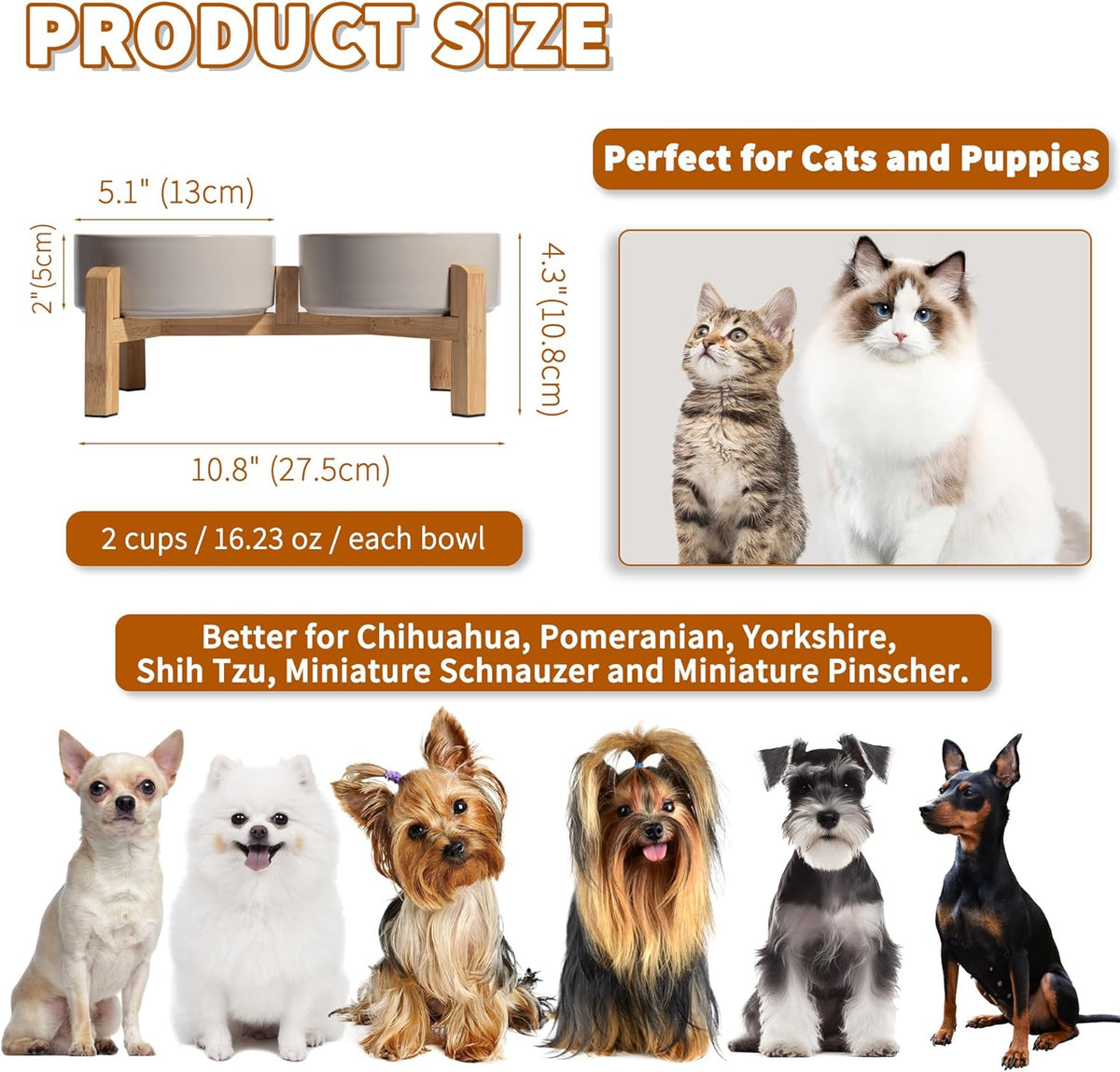 Elevated Ceramic Dog Bowl Set - Raised Feeding Bowls with Non-Slip Bamboo Stand - Small Pet Dishes