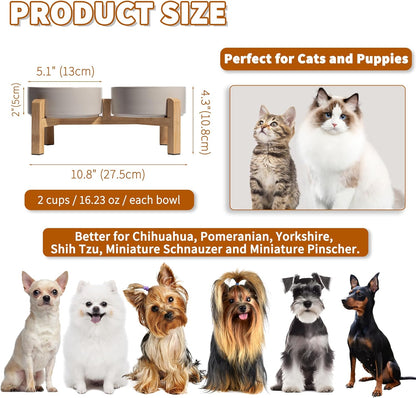 Elevated Ceramic Dog Bowl Set - Raised Feeding Bowls with Non-Slip Bamboo Stand - Small Pet Dishes