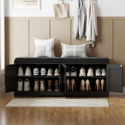 2-Tier Storage Bench, Shoe Bench with Thickened Padded Seat Cushion, Entryway Bench with 4 Doors