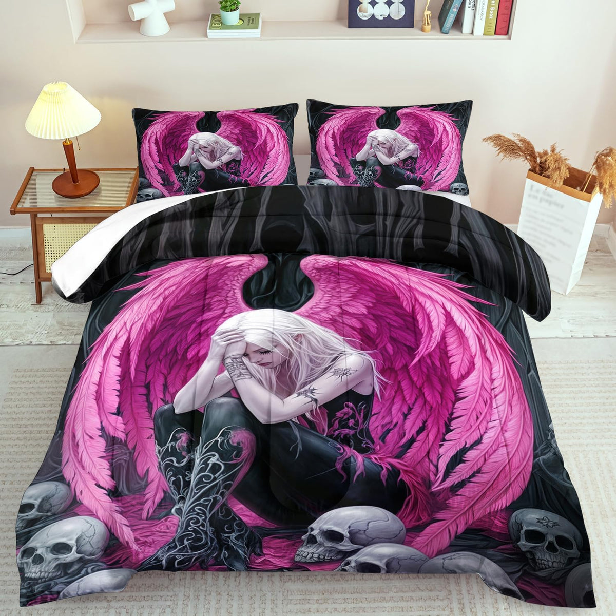 Gothic Skull Comforter Set Full for Adults,Angel Wings Bedding Set Pink for Girls,Sexy Angel