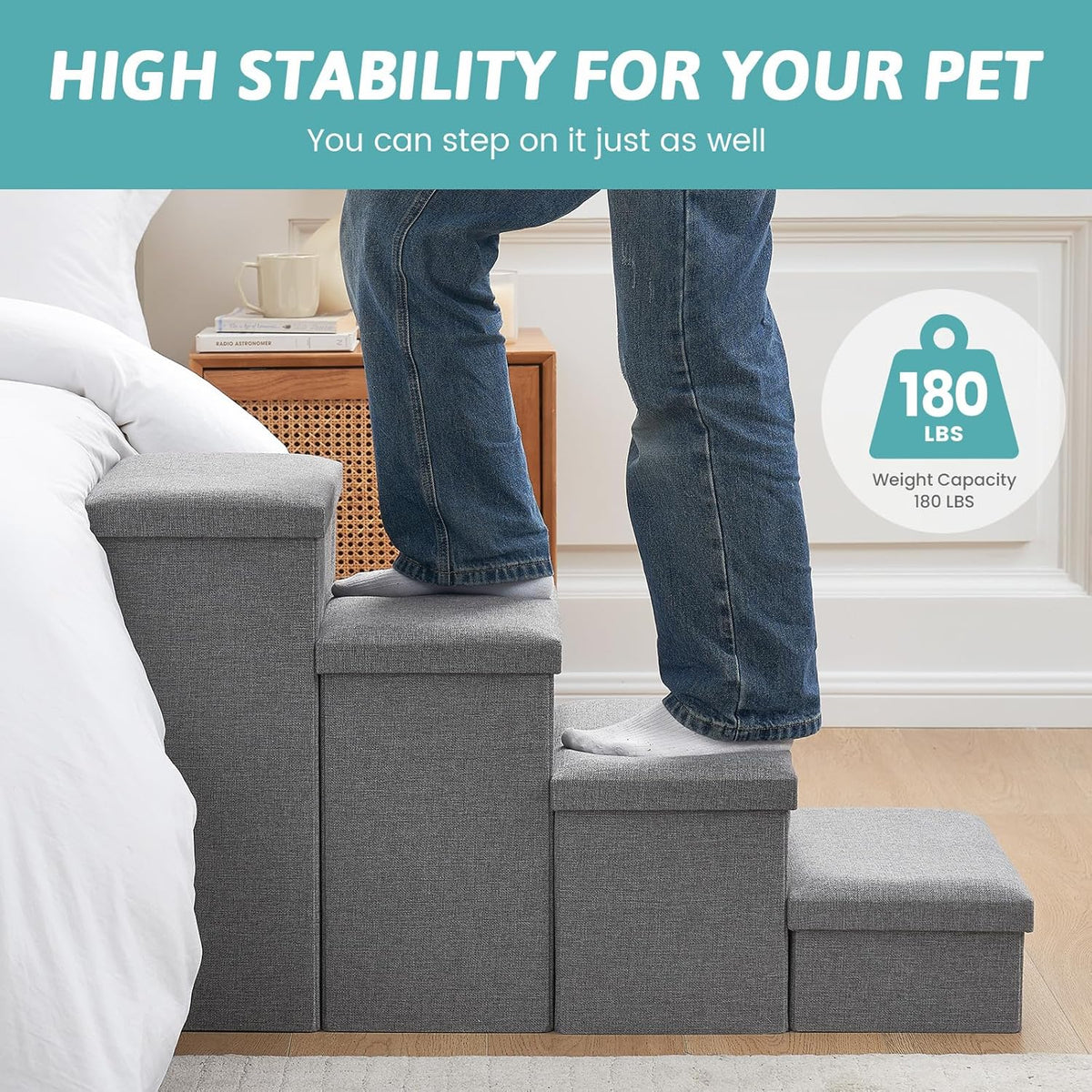 Dog Stairs with Storage, 4-Step Wider Sturdy Dog Steps for Small/Medium/Large Dogs and Older Cats