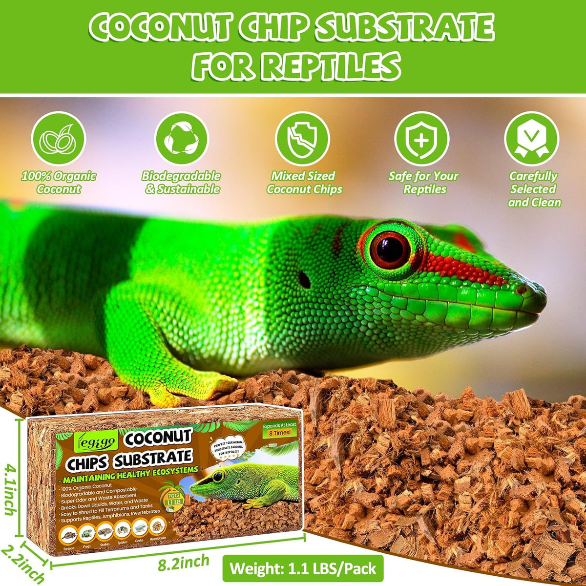 Legigo 4 Pack Coconut Chip Substrate for Reptiles, Natural Coco Husk Chip Reptiles Bedding