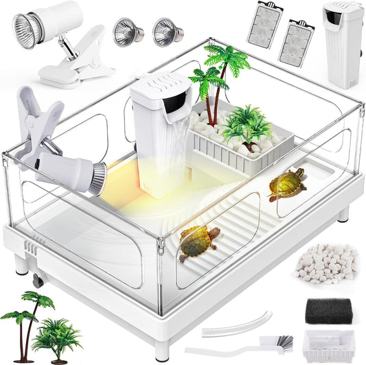 Small Turtle Tank Kit(Tank+Light+Filter), Acrylic Turtle Tank Starter Kit with Bask Platform