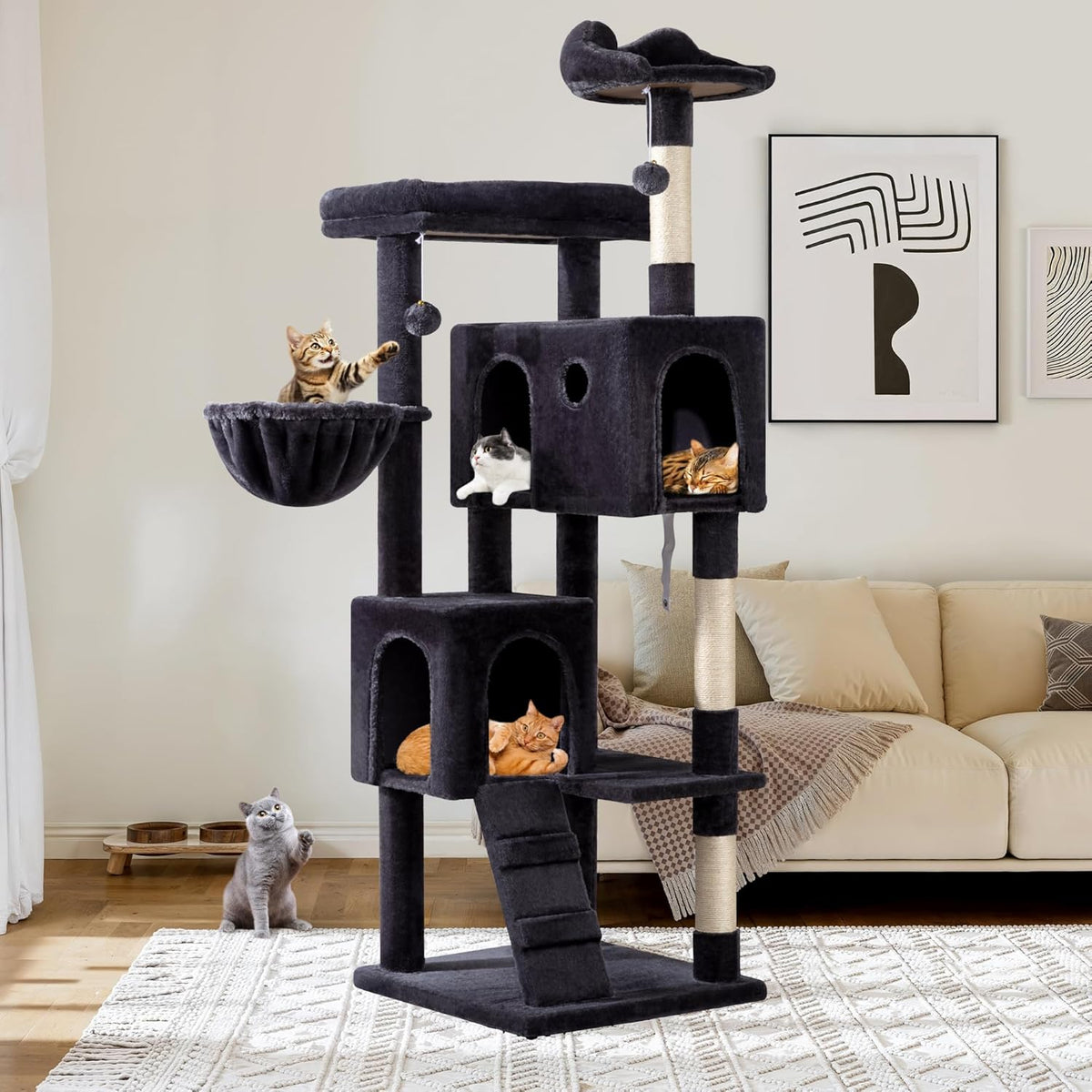Allewie 64 Inches Cat Tree Tower/Multi-Level Activity Center for Indoor Big Felines/2 Plush