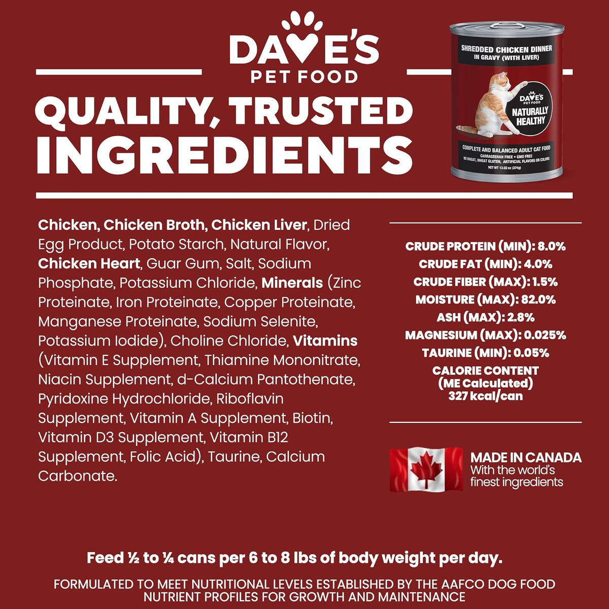 Dave's Pet Food Grain Free Wet Cat Food (Shredded Chicken in Gravy), Made in Canada Naturally