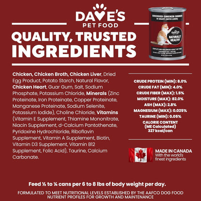 Dave's Pet Food Grain Free Wet Cat Food (Shredded Chicken in Gravy), Made in Canada Naturally