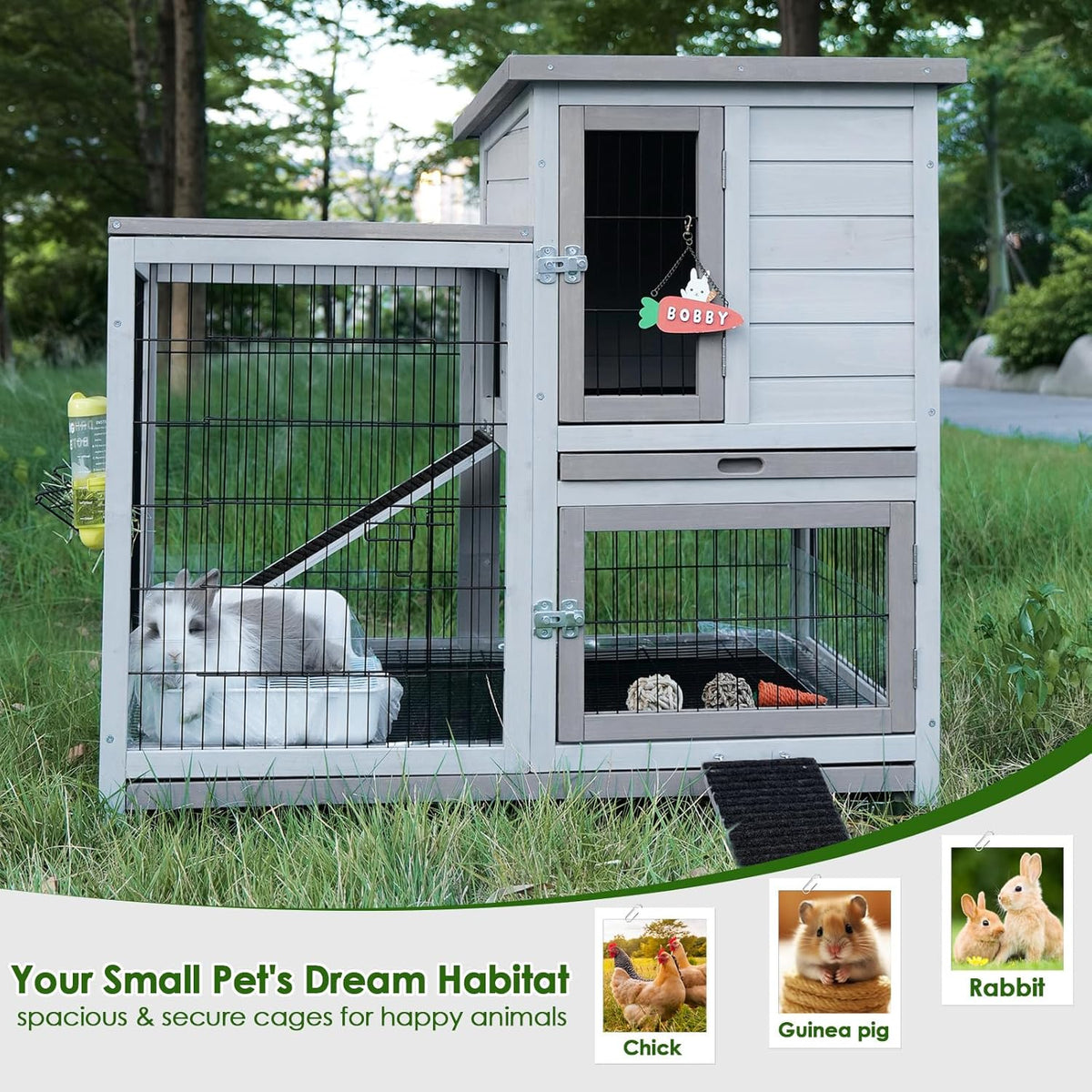Rabbit Hutch Indoor Bunny Cage Outdoor House with Urine Guards and 2 Trays for Small Animals Guinea