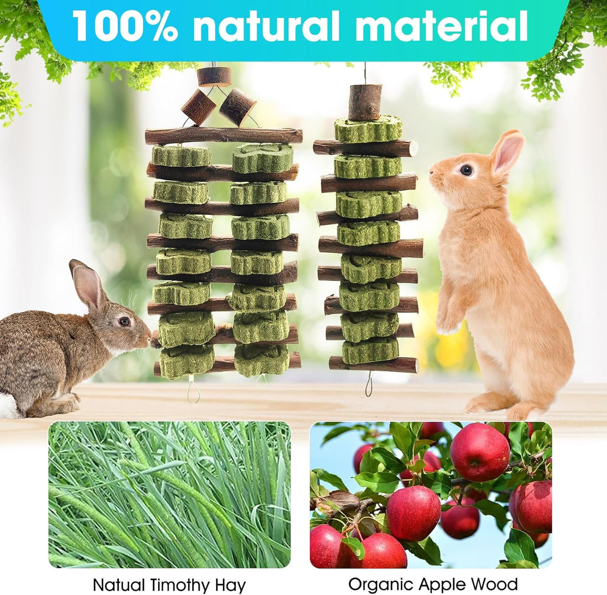 WDEFUN Natural Peach Wood Clover Cake Teeth Grinding Toy String - Rabbit Snack Chewing Toy, Safe
