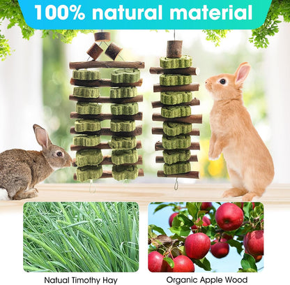 WDEFUN Natural Peach Wood Clover Cake Teeth Grinding Toy String - Rabbit Snack Chewing Toy, Safe