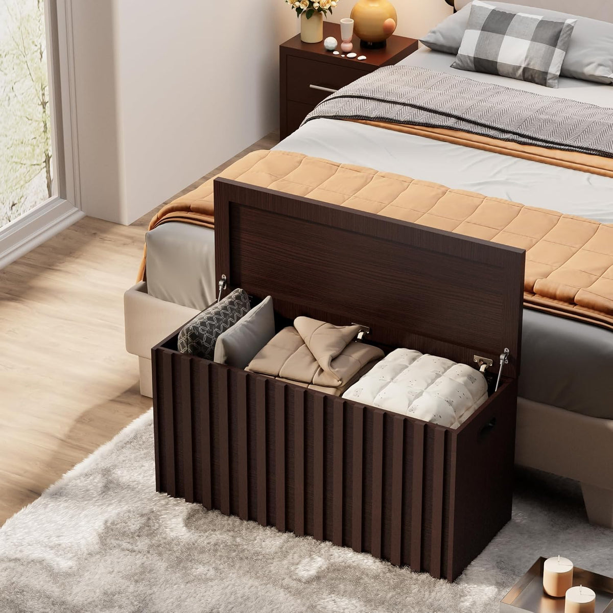 UEV Storage Bench,39.4" Wood Box, Storage Trunk with 2 Safety Hinges, Ottoman Storage Chest, Fluted