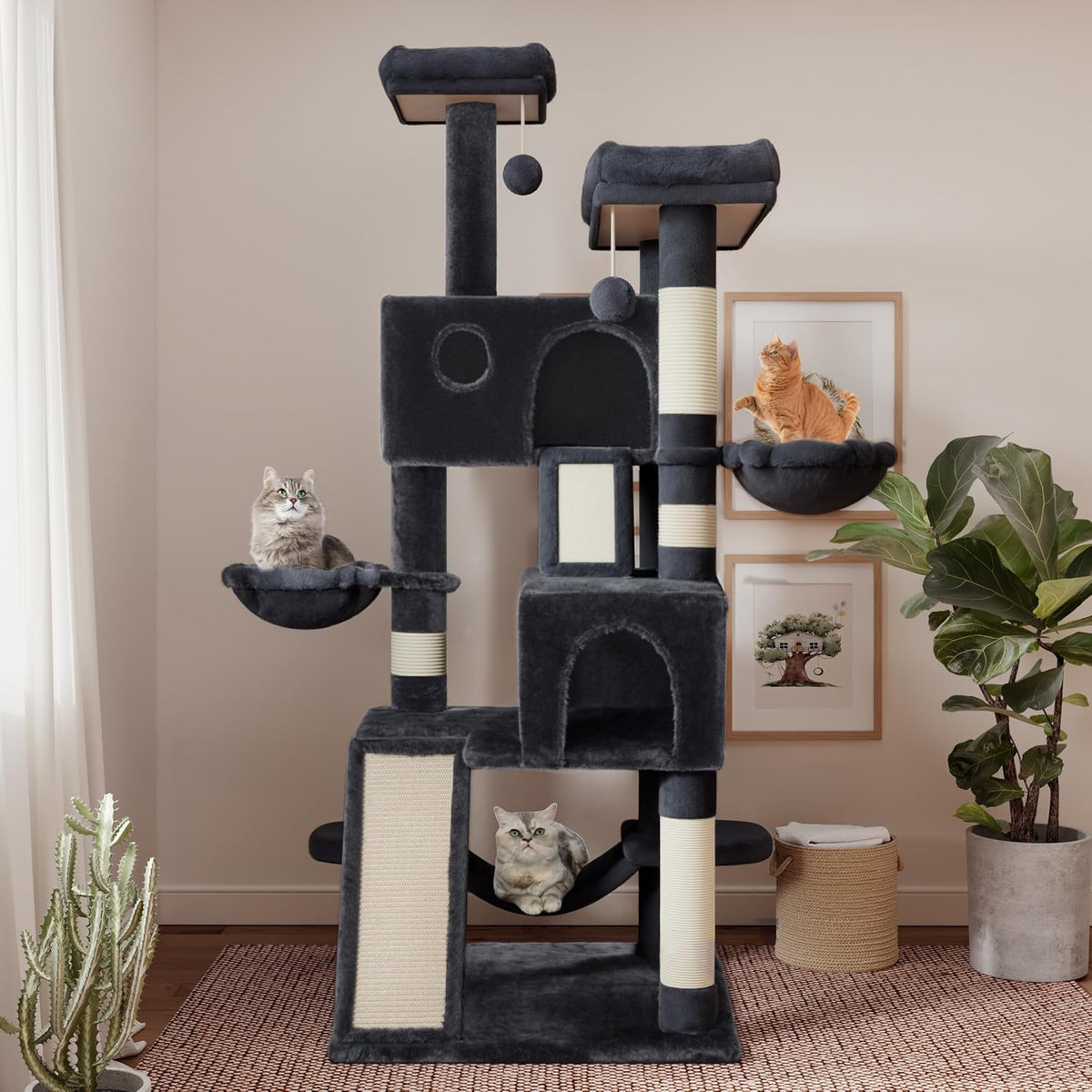 SHA CERLIN 65in Larger Cat Tree Tower Condo for Indoor Kitties/Multi-Level Furniture Activity