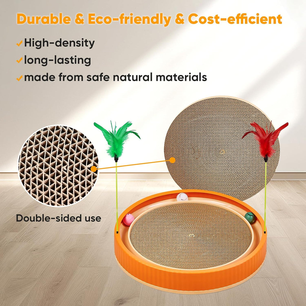 20-Inch Round Cat Scratcher with Ball Track – 3-in-1 Cardboard Cat Scratching Pad with Feather
