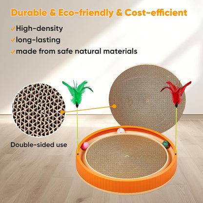 20-Inch Round Cat Scratcher with Ball Track – 3-in-1 Cardboard Cat Scratching Pad with Feather