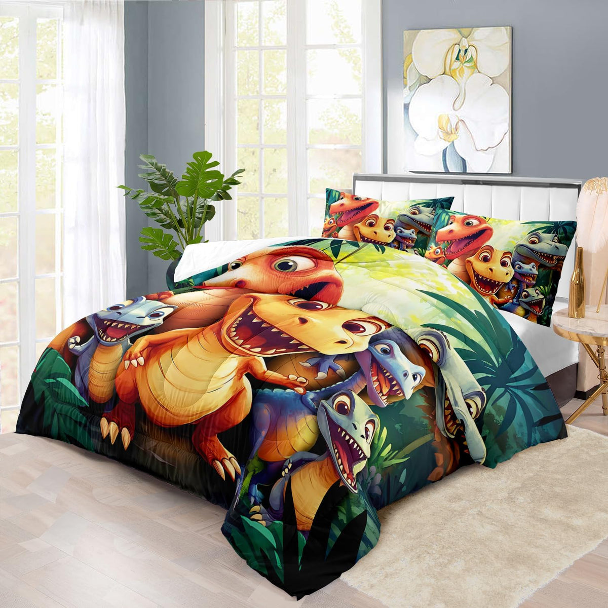 Dinosaur Comforter Set Queen Boys,Cartoon 3D Dinosaur Bedding Set Queen Bed Kids,3D Dragon