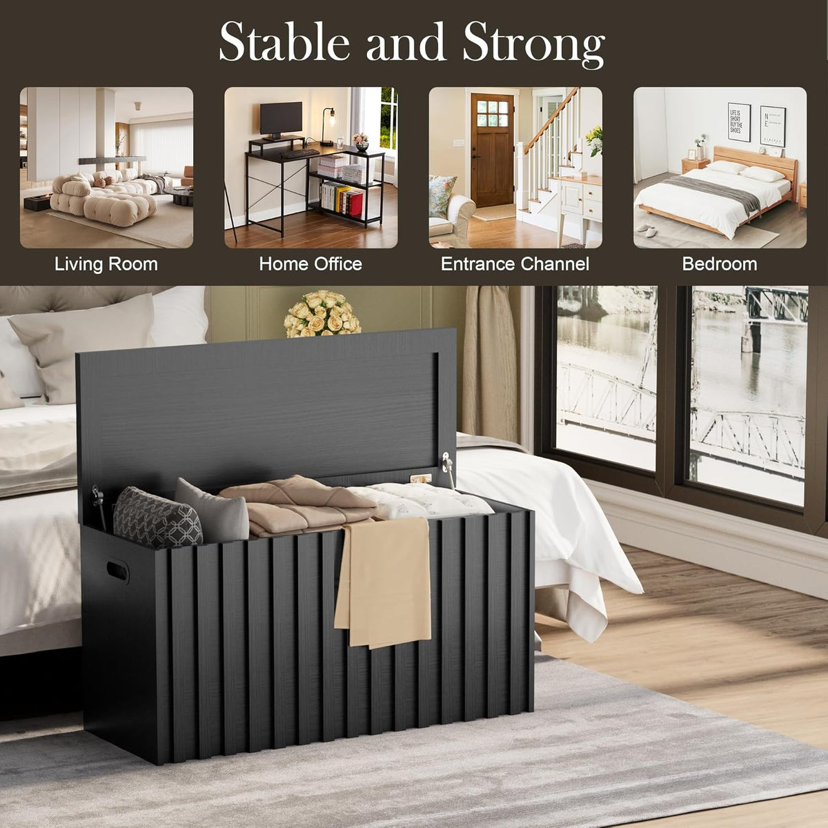 UEV Storage Bench,39.4" Wood Box, Storage Trunk with 2 Safety Hinges, Ottoman Storage Chest, Fluted