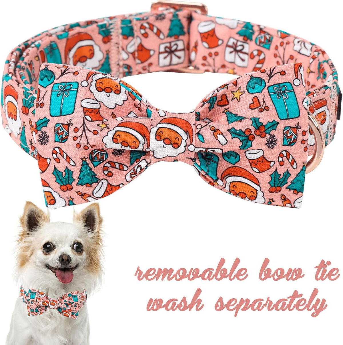 Unique Style Paws Christmas Day Dog Collar with Bow Pink Christmas Man Cotton Puppy Collars for