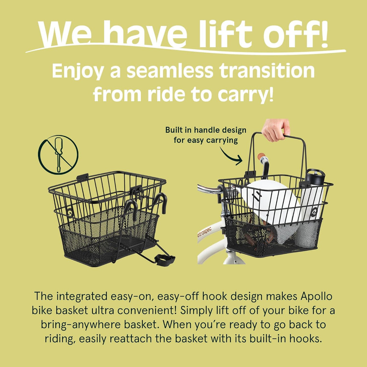 Retrospec Apollo Detachable Front Bike Basket Steel Half-Mesh with Integrated Detachable Hooks and
