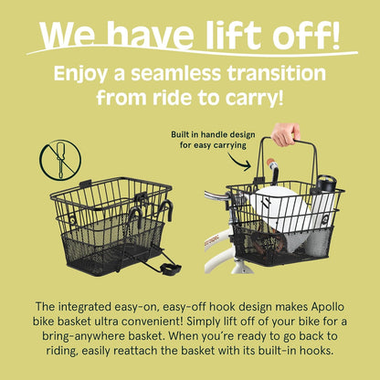 Retrospec Apollo Detachable Front Bike Basket Steel Half-Mesh with Integrated Detachable Hooks and
