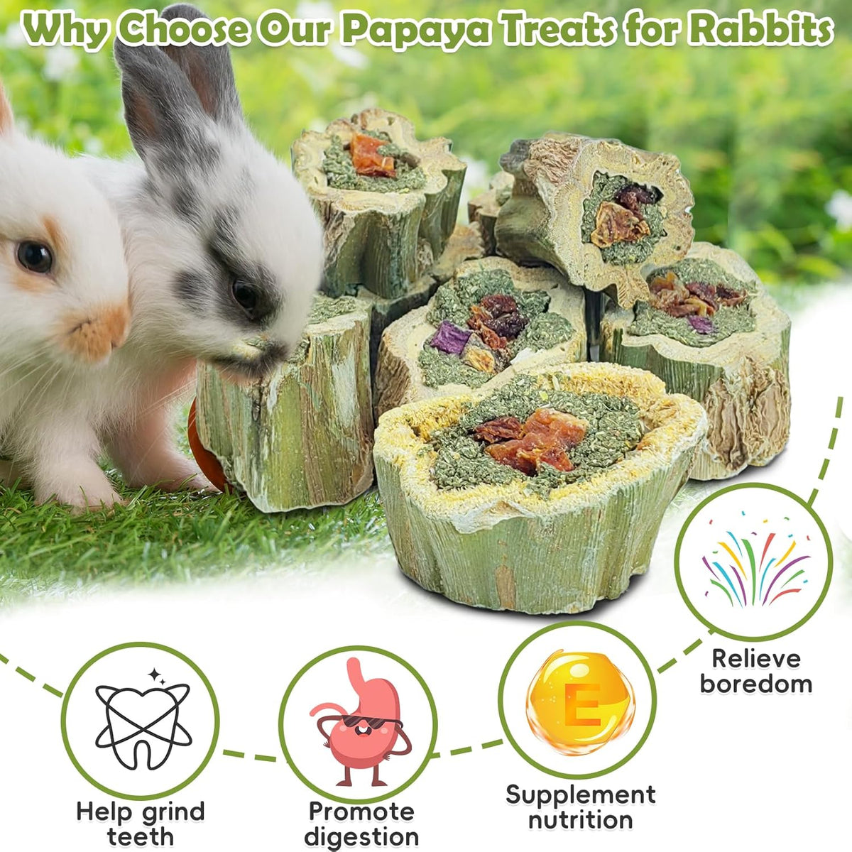Fhiny Rabbit Chew Toys Natural Baked Papaya Wood Bunny Molar Treats Contain Alfalfa Grass Apple