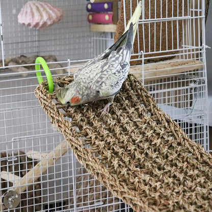 39 x 7 Inches Seagrass Mat, Natural Seagrass Woven Net, Bird Hammock Mat with Hooks, Cage