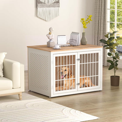 42" Heavy Duty Dog Crate Furniture for Large Dogs, Metal Kennel for High Anxiety Dogs, White Wooden