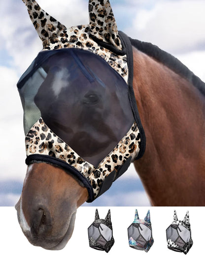 Harrison Howard LumiVista Horse Fly Mask Standard with Ears UV Protection for Horse Leopard Print M