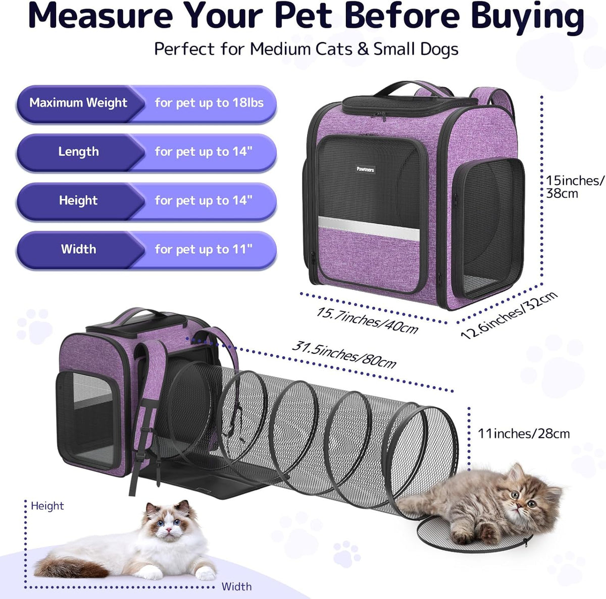 Pawtners Cat Carrier Backpacks Expandable Cat Backpack with Breathable Mesh, Pet Carrier Backpack