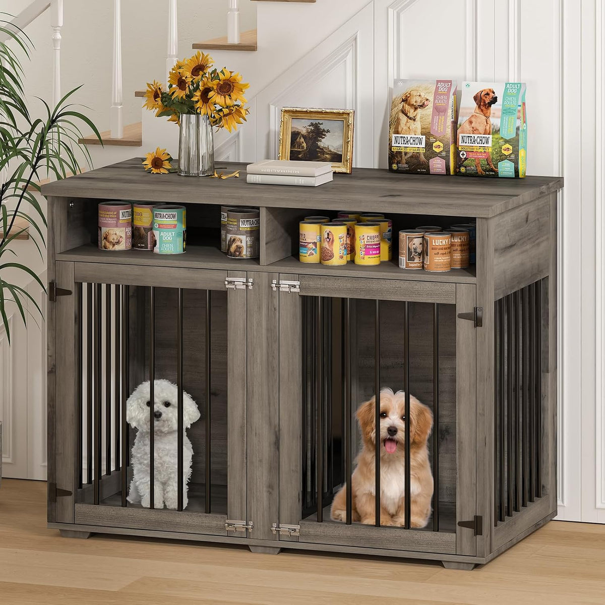 Furniture Dog Crate for 2 Dogs, 41 Inch Dog Kennel Furniture with Removable Divider and Shelf