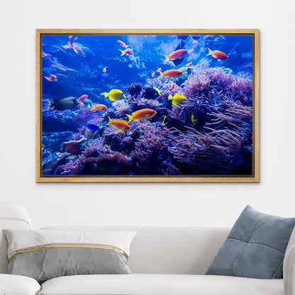 wall26 Framed Canvas Print Wall Art Purple Blue Vibrant Anemone Coral Reef Fish Nature Animals