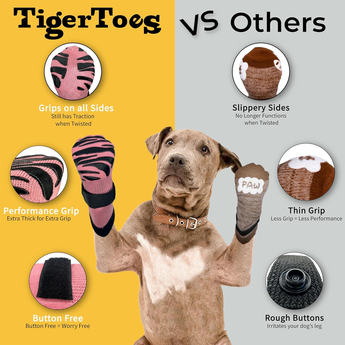 DOK TigerToes Premium Non-Slip Dog Socks for Hardwood Floors - Extra-Thick Grip That Works Even