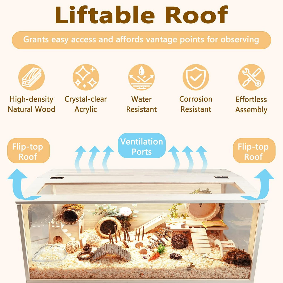 Prolee Hamster Cage Wooden Chew Proof, Extra Large Mice and Rat Habitat Openable Top with Acrylic