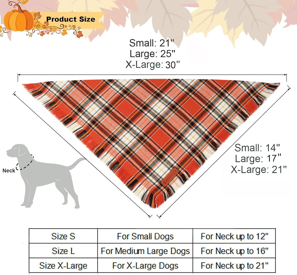 ADOGGYGO Fall Dog Bandana with Tassels Edges, Stylish Orange Plaid Pet Scarf, Multiple Size