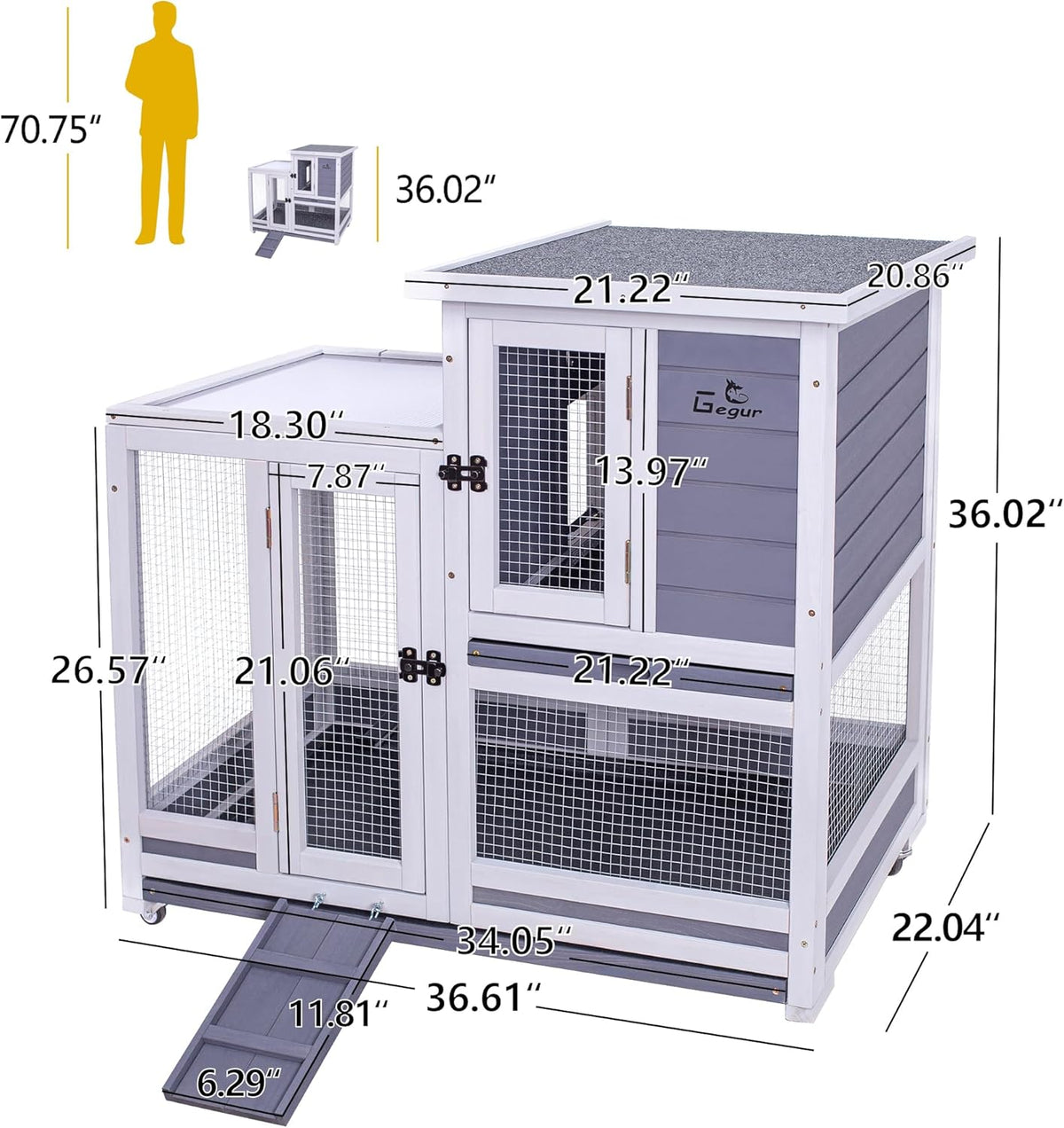 GEGURI Rabbit Hutch, Two-Story Indoor Bunny Cage, Outdoor Guinea Pig Cages for Small Animals with