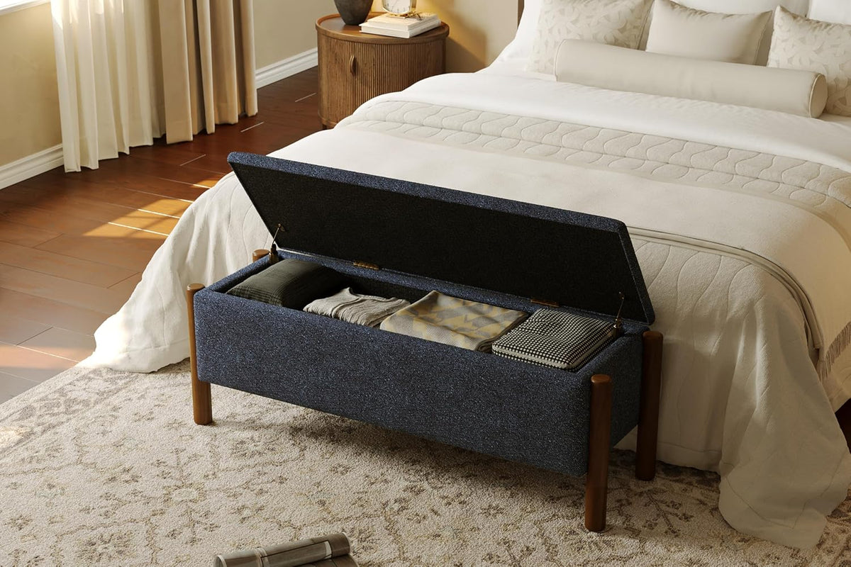 Modern Storage Benches with Walnut Wood Legs, 47'' Ottoman Bench with 20 Gallons Storage Space for