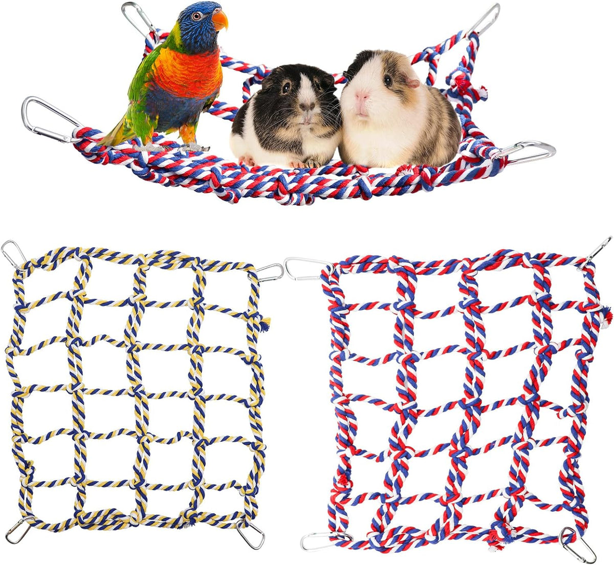 2 Pack Large Colorful Bird Rope Net, 14 × 10 Inches Rat Climbing Rope Net, Pet Hanging Hammock