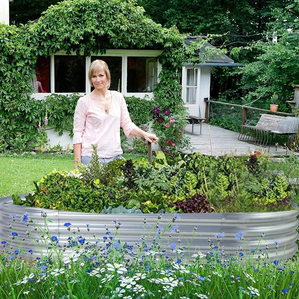 Land Guard Galvanized Raised Garden Bed Kit, Galvanized Planter Garden Boxes Outdoor, Oval Large