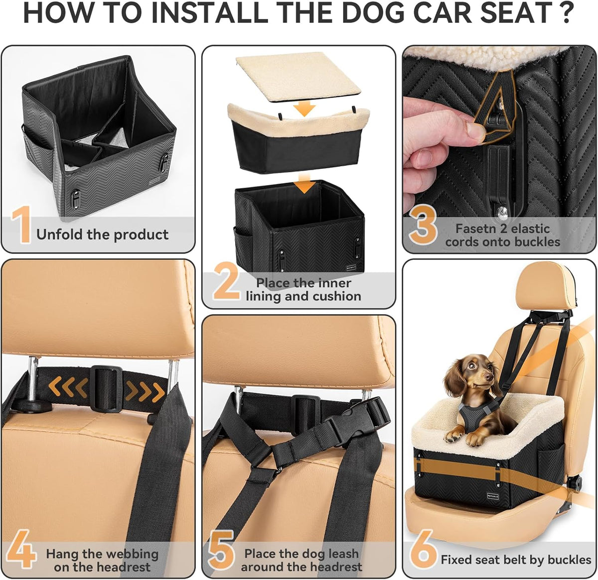 PETSFIT Small Dog Car Seat, Waterproof PU Leather Dog Booster Car Seat with Patented Safe Buckles