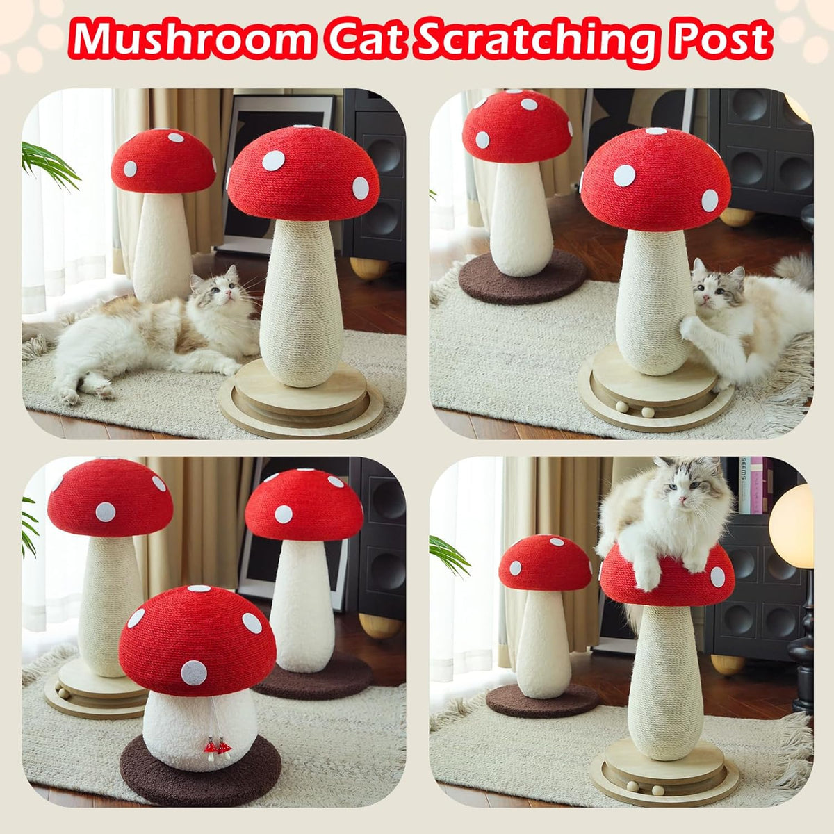 Cat Scratching Post Mushroom Cat Tree with Natural Sisal, Weighted Base & Interactive Ball - for