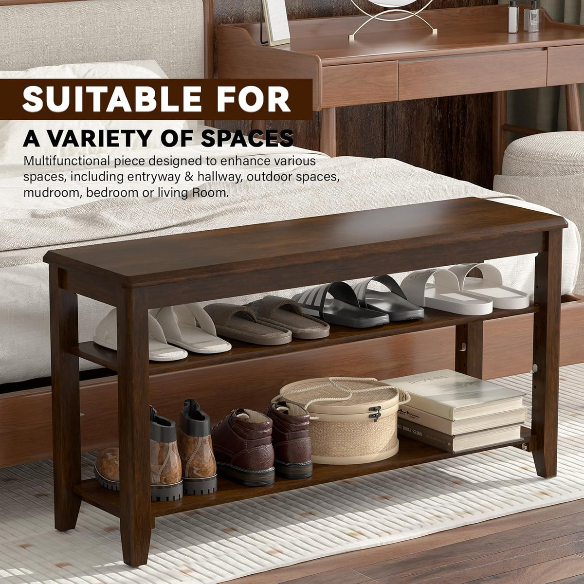 Shoe Bench Storage Rubberwood with Leather Cushion for Entryway Bench Ideal for Hallways Shoe Rack
