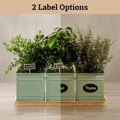 Herb Planter Indoor - 3 Iron Herb Pots with Drainage Holes, Varnished Bamboo Tray, Customizable