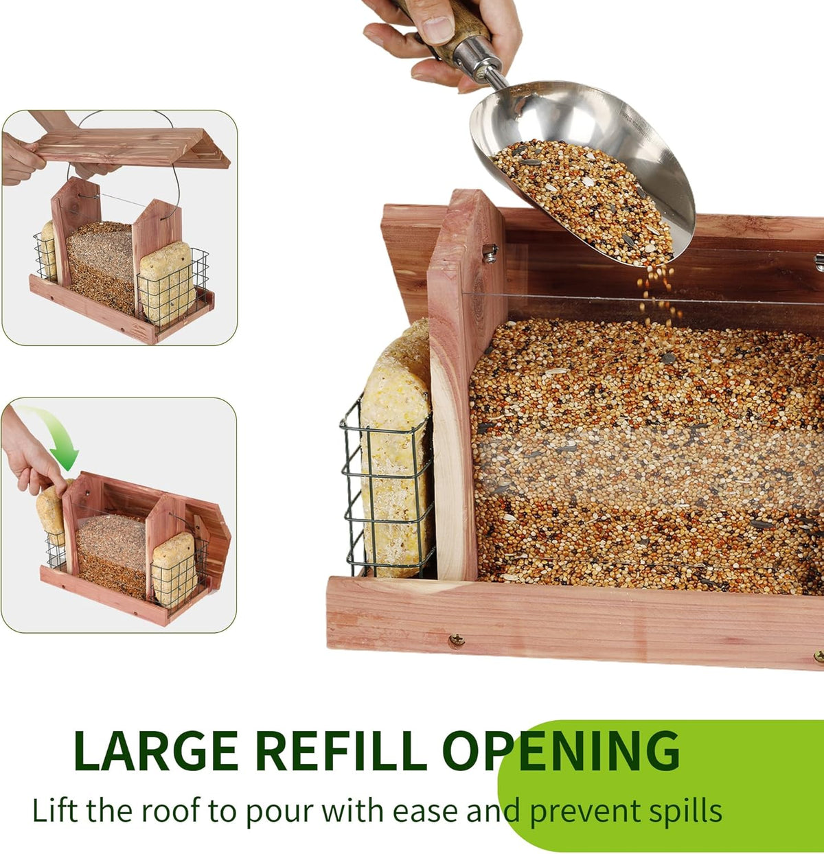 Solution4Patio US Cedar Hopper Bird Feeder for Outdoors Hanging, Handcrafted Wood Double Suet Cage