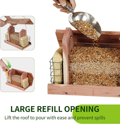 Solution4Patio US Cedar Hopper Bird Feeder for Outdoors Hanging, Handcrafted Wood Double Suet Cage