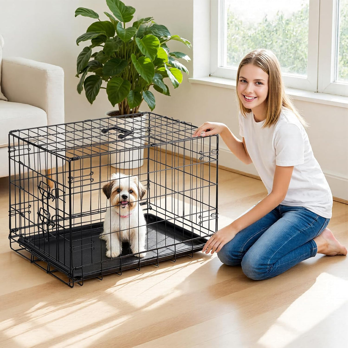 DUMOS Dog Crate, 30 Inch Medium Single Door Dog Cage with Divider Panel and Plastic Leak-Proof Pan