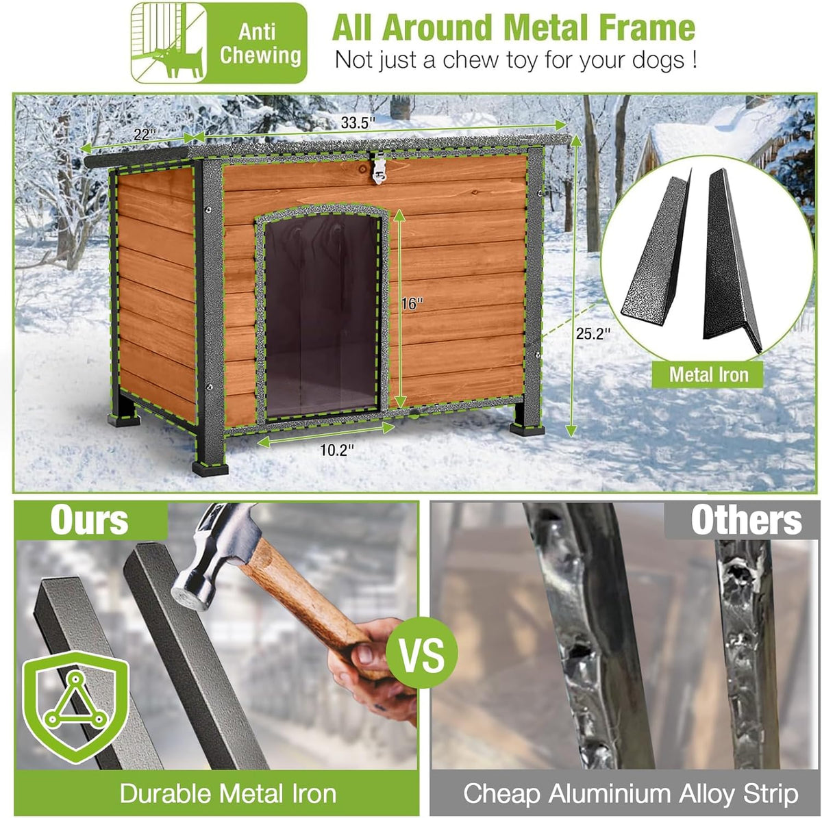 GUTINNEEN Heated Dog House Outdoor 35.5" Large Dog Kennel with Metal Frame Insulated Dog Crate Cage