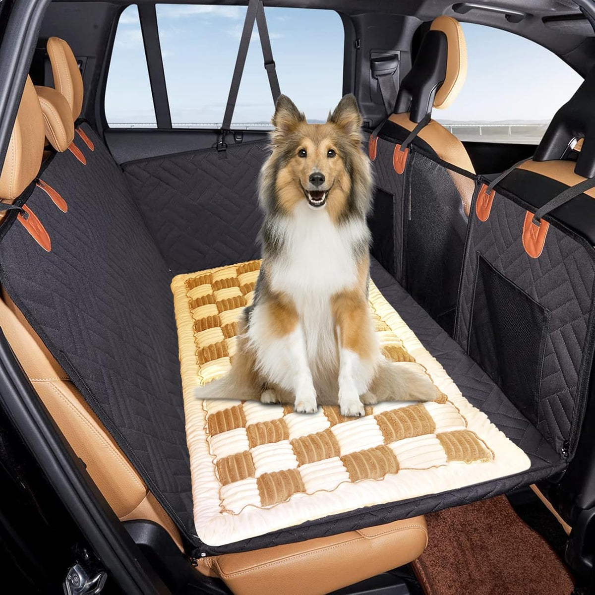 VClife Khaki Plaid Dog Car Bed Mat, Non-Slip Backseat Extender Pet Blanket, Washable Dog Bed Mat