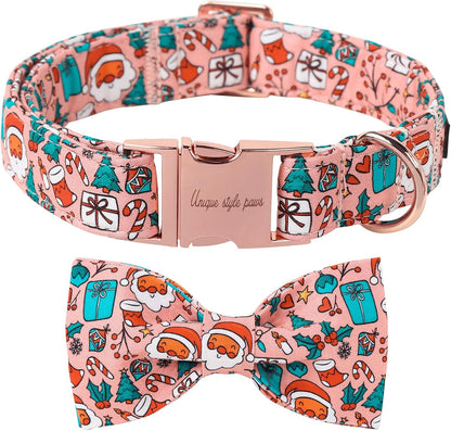 Unique Style Paws Christmas Day Dog Collar with Bow Pink Christmas Man Cotton Puppy Collars for