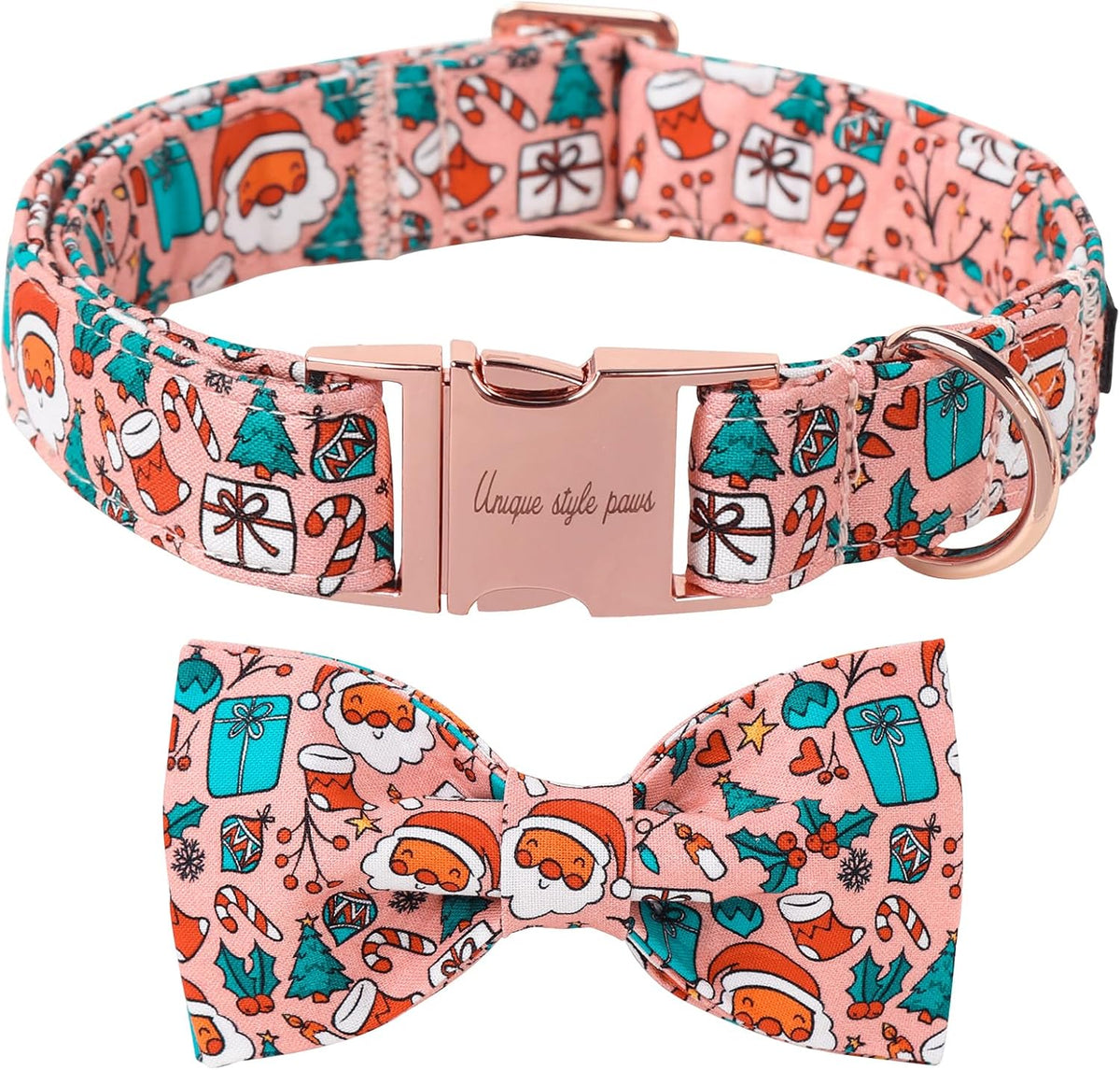 Unique Style Paws Christmas Day Dog Collar with Bow Pink Christmas Man Cotton Puppy Collars for